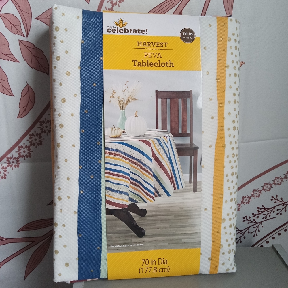 Harvest PEVA Colorful Striped Tablecloth 70" Round, New